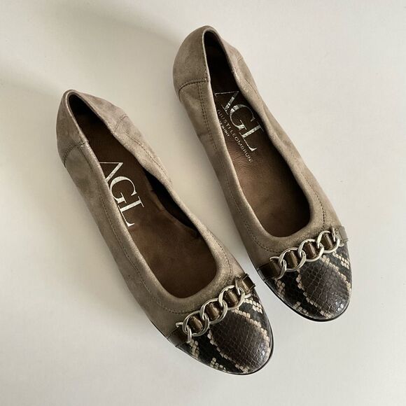 AGL Leather Ballet Flats Low Heel Snake Print Cap-toe Brown 40 - Picture 11 of 12